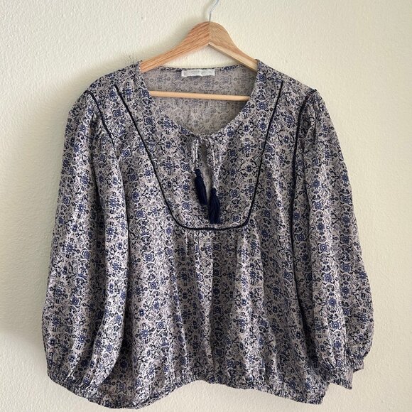 Lucky Brand Blue Floral Boho Peasant Blouse Top Keyhole Tie Women’s XL Boho - Picture 1 of 6